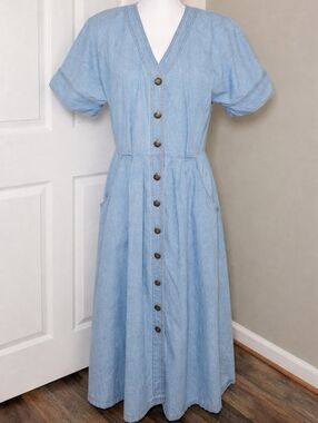 Vintage 90s Studio Ease Denim Midi Dress USA Button Front Country Western